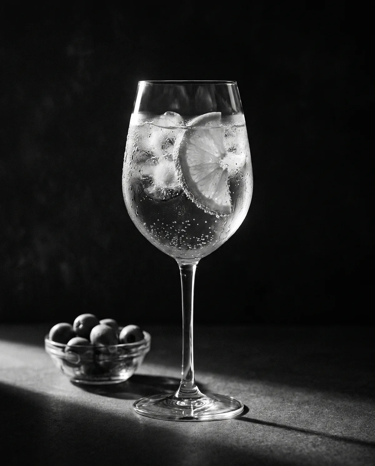 Un calice ghiacciato con una fetta d'agrume e olive.